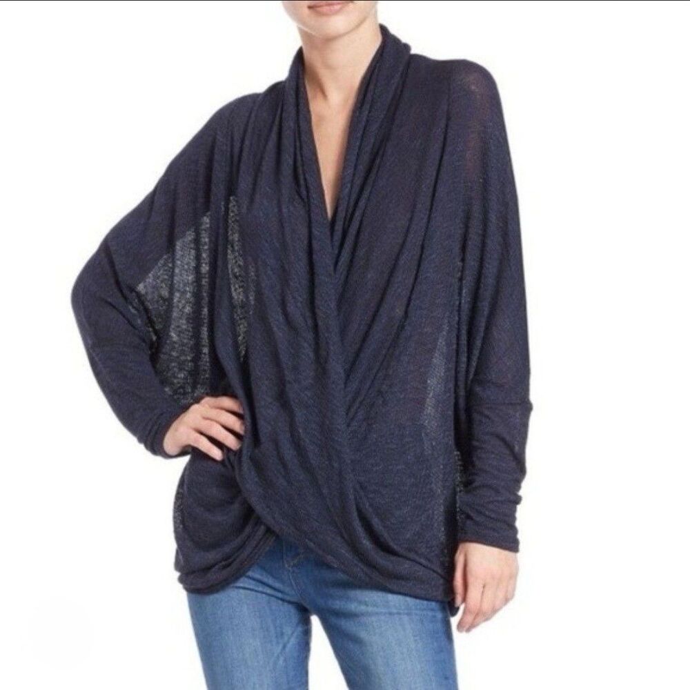 Free People We The Free Sweater Womens XS Navy Sheila Hacci Crossover Wrap Sheer